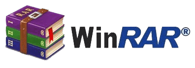 Logo of WinRAR featuring a stack of colorful books bound with a strap depicting a closed zipper, emphasizing file compression, with the WinRAR name to the right.