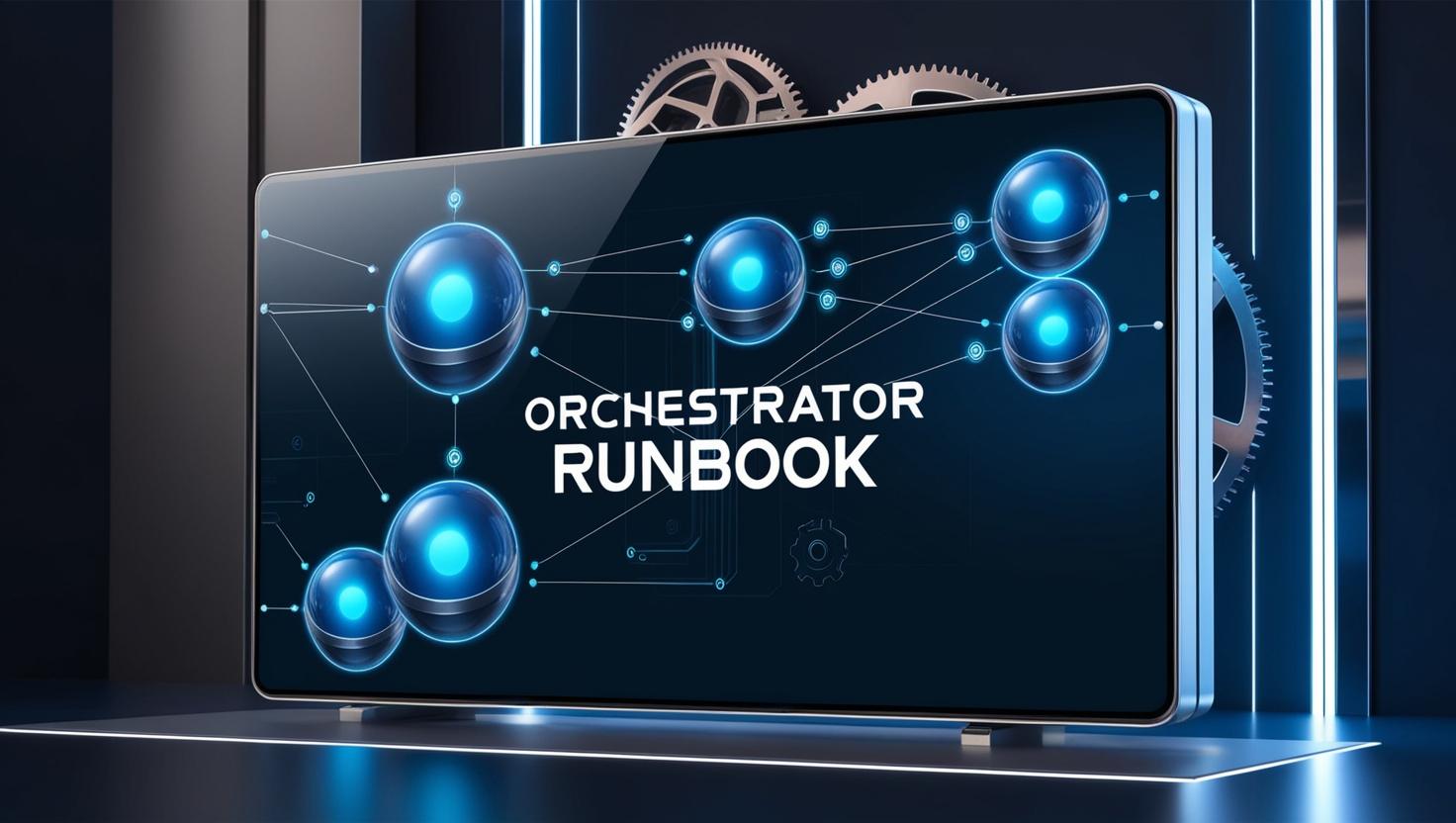 A futuristic IT automation concept featuring a digital workflow diagram on a high-tech screen. The screen should display interconnected nodes representing an Orchestrator Runbook process, wit