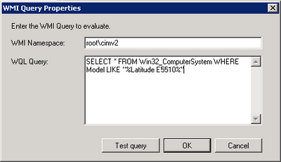 1 1 WMI Query Properties dialog with the Model LIKE query entered