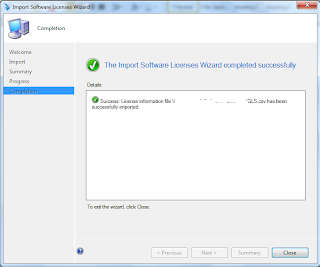 7 1 Import Software Licenses wizard summary page confirming a successful import