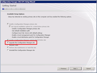 3 1 Available Setup Options page with Upgrade this Configuration Manager site selected