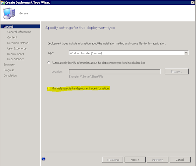 5 5 Manually specify the deployment type information option selected