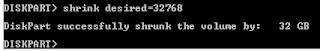 9 1 Shrink command reducing the partition to 32GB in Diskpart
