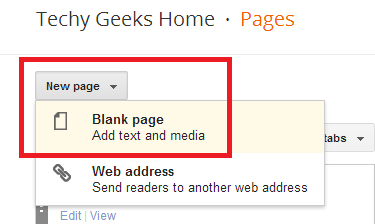 2 2 Blogger New Page menu with Blank Page option