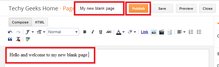 3 Blogger new page editor with the Publish button