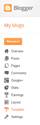 Blogger left-hand menu showing the Template option