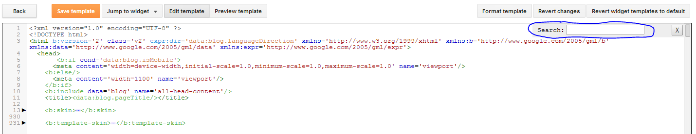 Meta description code added inside the head section of the Blogger template