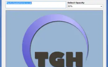 Screenshot of the ImgWater v1.1 software interface by techygeekshome, displaying options for importing images and adjusting text, opacity, and position with a circular watermark preview.