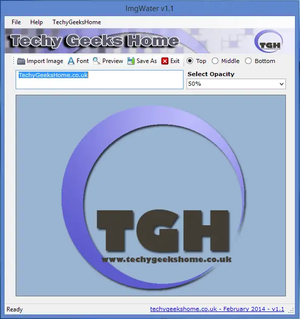 Screenshot of the ImgWater v1.1 software interface by techygeekshome, displaying options for importing images and adjusting text, opacity, and position with a circular watermark preview.
