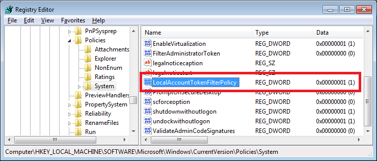 LocalAccountTokenFilterPolicy DWORD value set to 1 in Registry Editor