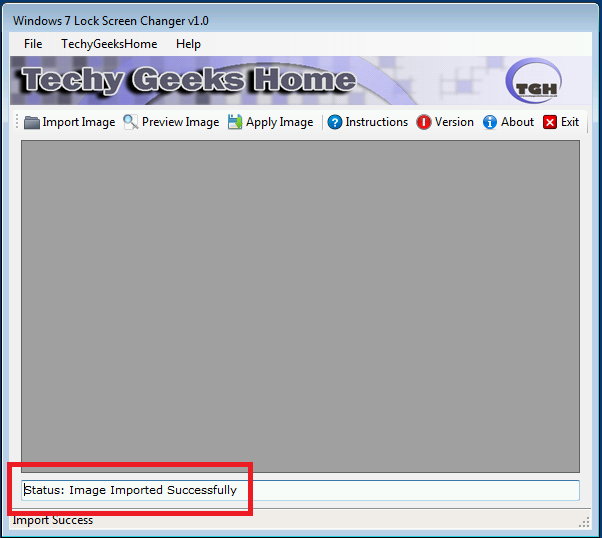 screenshot4 Windows Lock Screen Changer showing Image Imported Successfully status