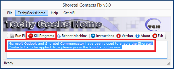2 Shoretel Contacts Fix status box after running the fix