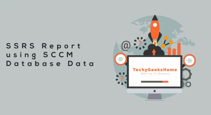 A graphic showing a computer screen displaying the text "SSRS Report using Configuration Manager database data" with a rocket launching from the screen against a teal background with tech icons.