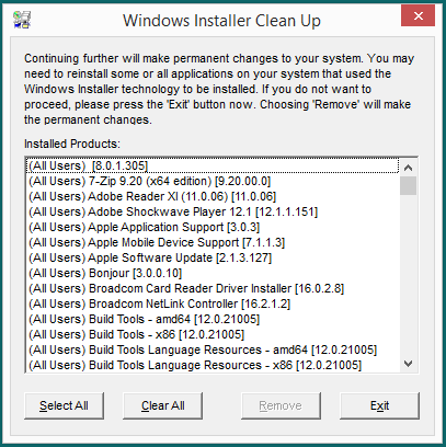 3 3 The Windows Install Cleanup Tool listing all installed programs in the installation database