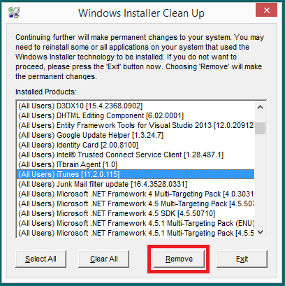 4 3 Selecting a program and pressing the Remove button in Windows Install Cleanup Tool
