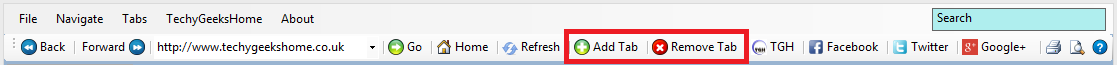 3 The DustyNet tabbed browsing controls with Add Tab and Remove Tab buttons