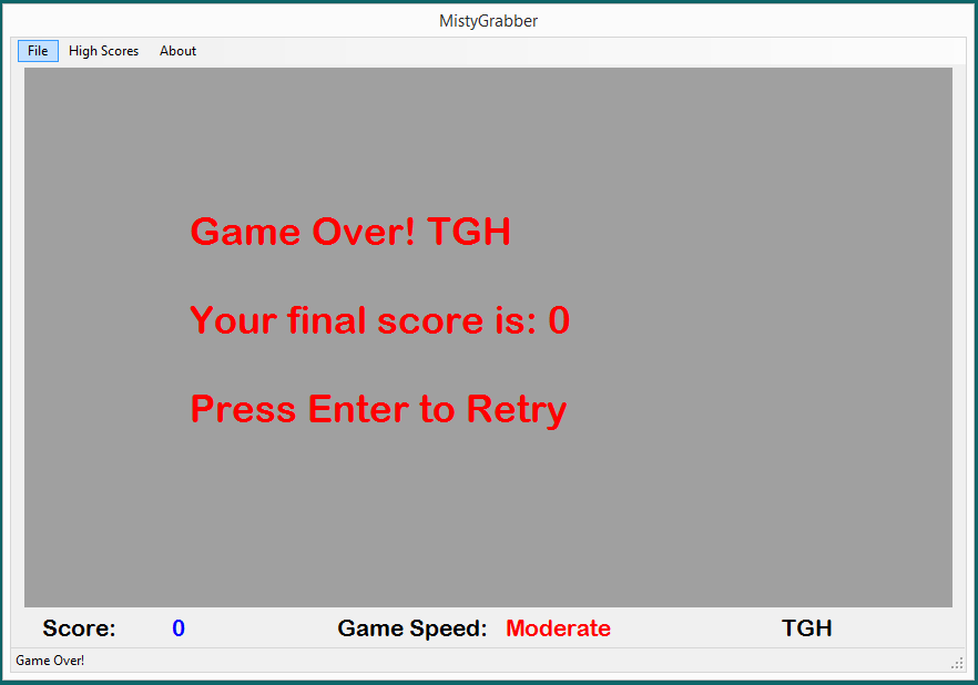 Screenshot of the "WillyTheWorm" game over screen displaying the message "game over! your final score is: 0" with an option to press enter to retry. The game speed