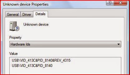 Device Manager Properties dialog Details tab showing the Hardware Ids dropdown