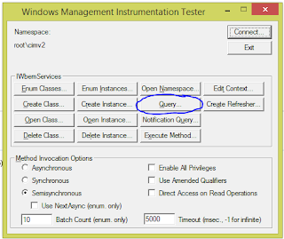 WBEMTEST Connect dialog with the rootcimv2 namespace entered