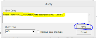 WBEMTEST query window with the Win32_PNPEntity ethernet query entered, Apply button highlighted