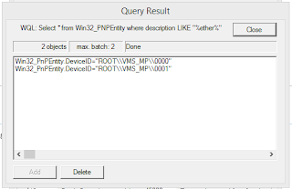 WBEMTEST Query Result dialog listing matching network adapter entries