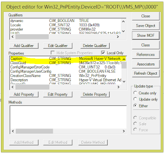 Network adapter Caption property in the WBEMTEST object properties window