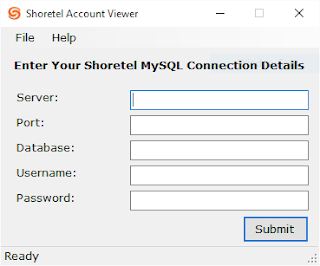 Shoretel Account Viewer main window showing the MySQL connection fields