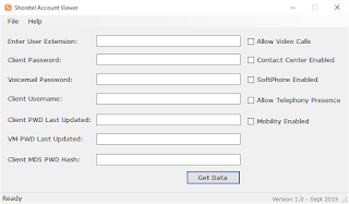 Shoretel Account Viewer showing a looked-up extension's Communicator and Voicemail account details