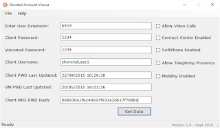 Shoretel Account Viewer showing decrypted password and feature flag results