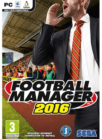 Video game cover for "Football Manager 2016," featuring an animated male coach in a suit and tie, shouting instructions with a soccer match visible in the background. The game is available for PC,