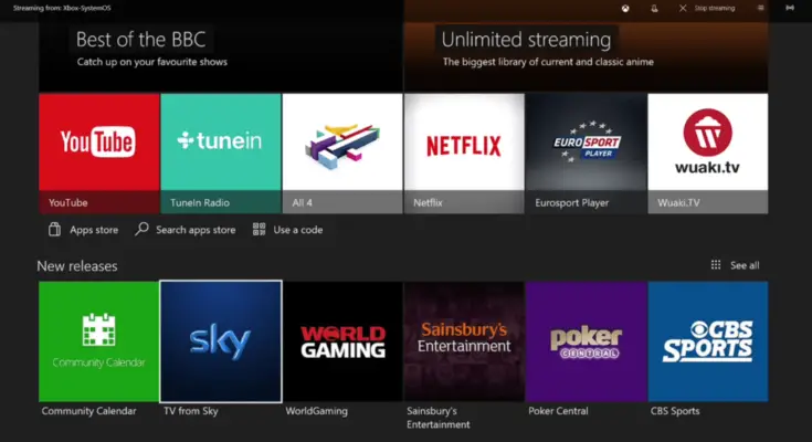 A user interface for streaming services showcasing tiles from various providers including YouTube, Netflix, Sky TV on Xbox One, and others, each labeled with corresponding logos and arranged in a grid.