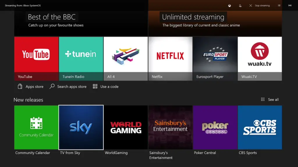 A user interface for streaming services showcasing tiles from various providers including YouTube, Netflix, Sky TV on Xbox One, and others, each labeled with corresponding logos and arranged in a grid.
