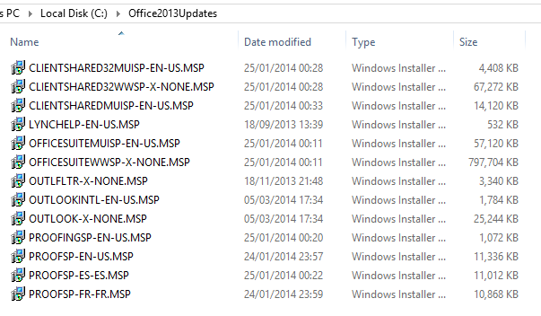 2 1 Explorer window showing the captured Microsoft Office update MSP files