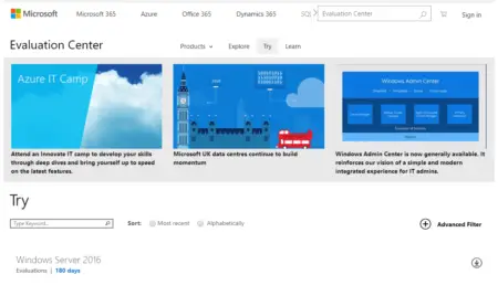 Screenshot of the Microsoft evaluation center website featuring options for Azure IT camp, Microsoft data centers, and Windows admin center with a search bar and filter options, including Evaluation Product Keys.