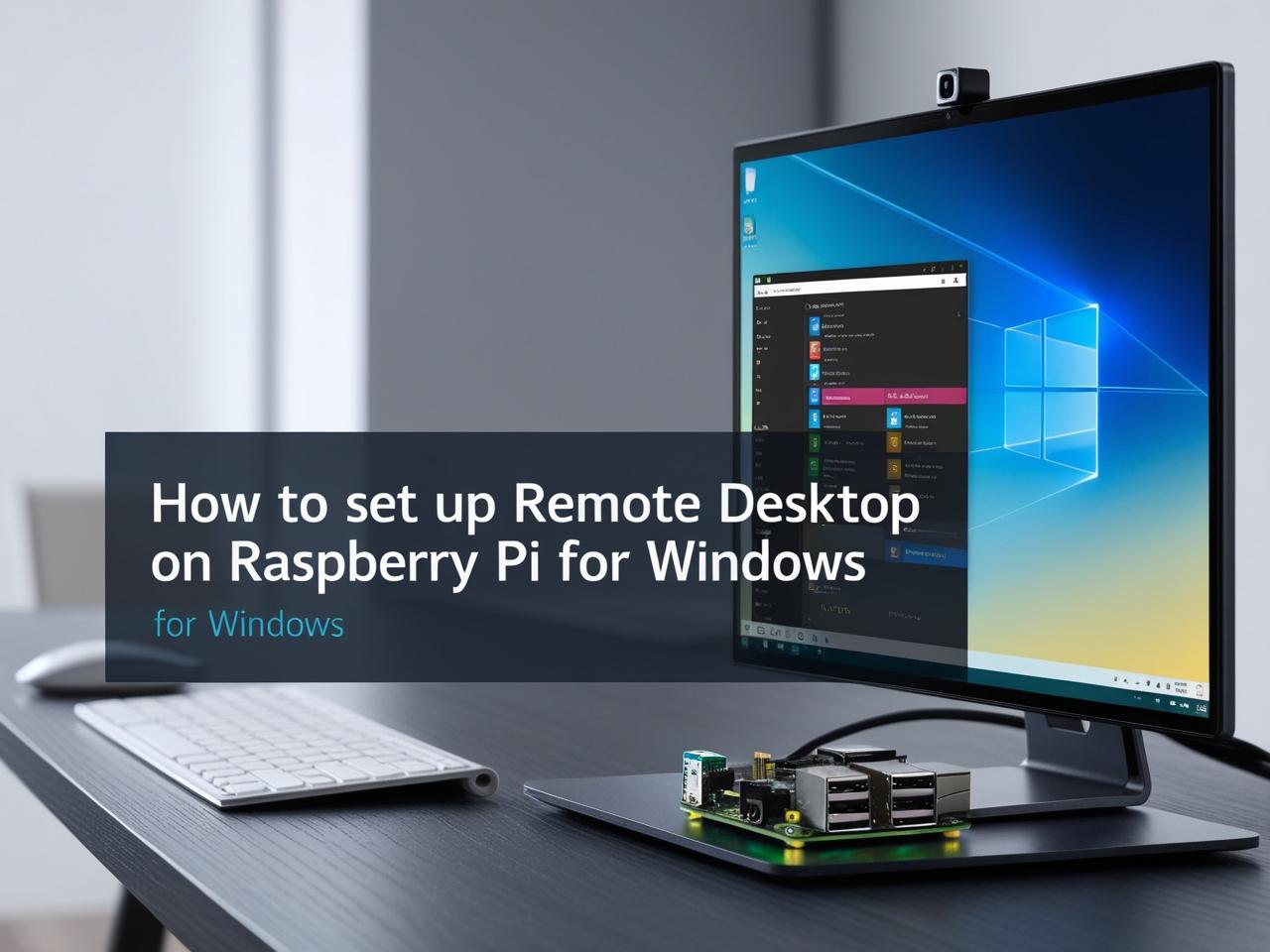 An image of a Raspberry Pi device placed on a desk, connected to a monitor showing a remote desktop session from a Windows laptop. The Raspberry Pi is in the foreground, with the laptop scree