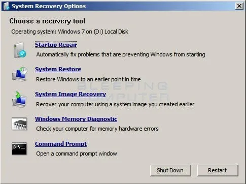 systemrecovery Windows Recovery Console showing Command Prompt option