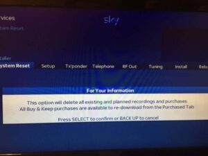 Sky HD+ System Reset Confirmation Screen