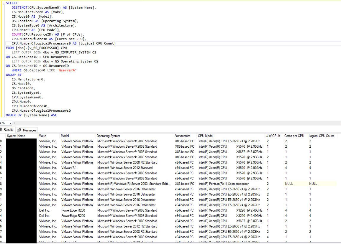 SCCM – SQL Query for all server CPU information