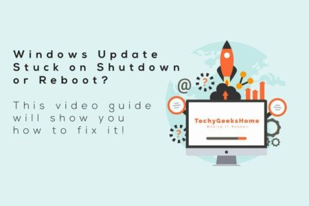 Promotional graphic for a Windows Updates Stuck on Shut Down or Reboot Fix, featuring a computer screen with a rocket graphic and relevant symbols.