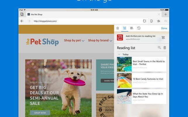 A screenshot displaying Microsoft Edge browser with multiple tabs open, predominantly featuring a webpage for a pet shop with an image of a dog carrying a frisbee. Additionally, there's a sidebar for bookmarks.