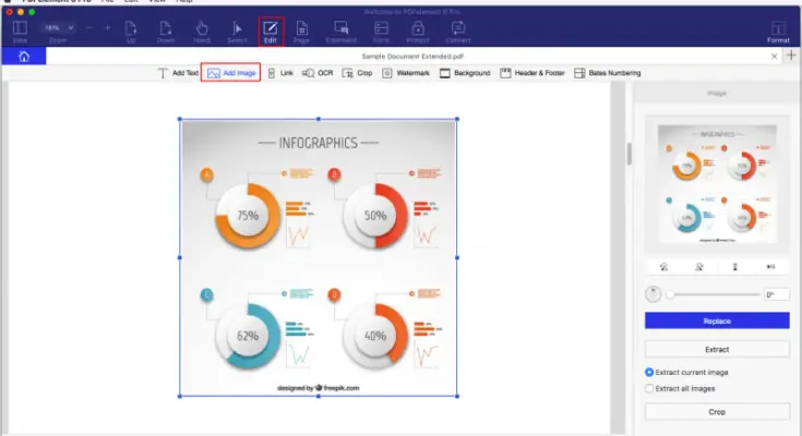 A screenshot of a PDF editing software on a Mac displaying an infographic about statistical data with circular diagrams and percentages. The toolbar shows options for editing and file management.