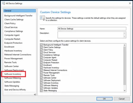 Screenshot of the SCCM interface for "all device settings" window with "software inventory" selected on the left pane, highlighting various configurable settings on the right.