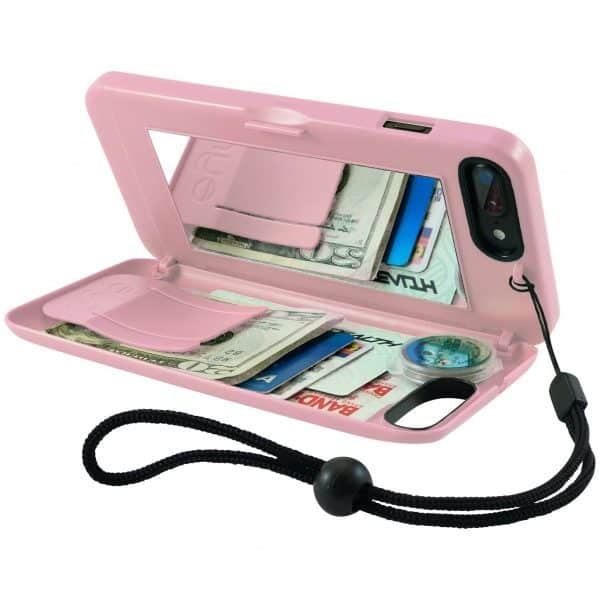 An Eyn iPhone wallet case in pink with money storage and a mirror.