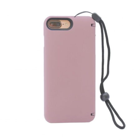 A pink Eyn iPhone wallet case with a camera cutout and an attached black wrist strap, isolated on a white background.