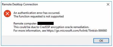 A screenshot of a CredSSP error message on a computer.