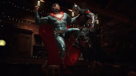 Superman in a dynamic battle pose, wearing a detailed costume with a flowing red cape, lifts an armored adversary off the ground in a dimly lit, atmospheric room designed for the best games for mobile
