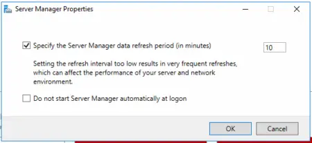 Screenshot of the server manager properties window with options to specify the data refresh period and to disable Server Manager from starting automatically at logon.