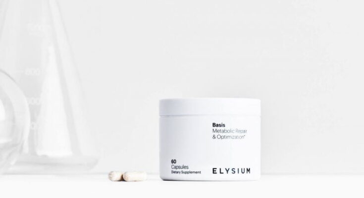 A container of Elysium Health dietary supplement labeled "metabolic repair & optimization" with two capsules beside it, set against a minimalist white background.