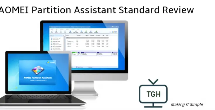 An image featuring two computer screens displaying the AOMEI Partition Assistant Standard interface for a software review titled "Making It Simple.