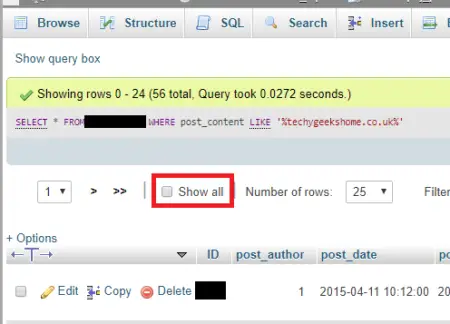 Screenshot of a SQL database query result in phpMyAdmin, highlighting the "Find text within all posts" button to display all records from a WordPress query.